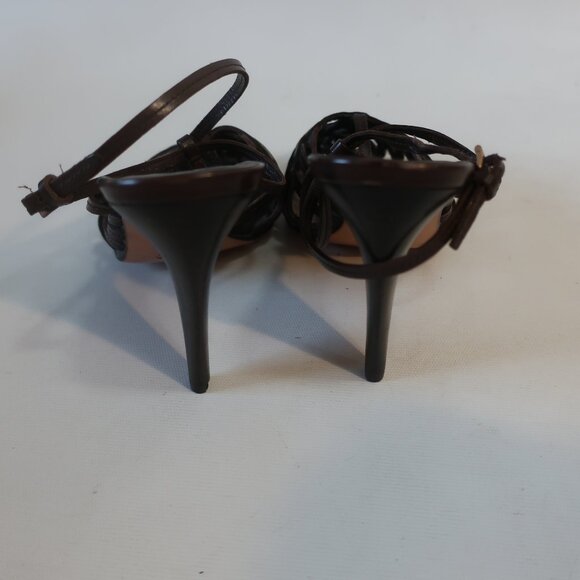 NWOB Womens Prada Brown Caged Strap Leather Cone Heel Slingback Pumps 39 US/9 - Picture 5 of 11